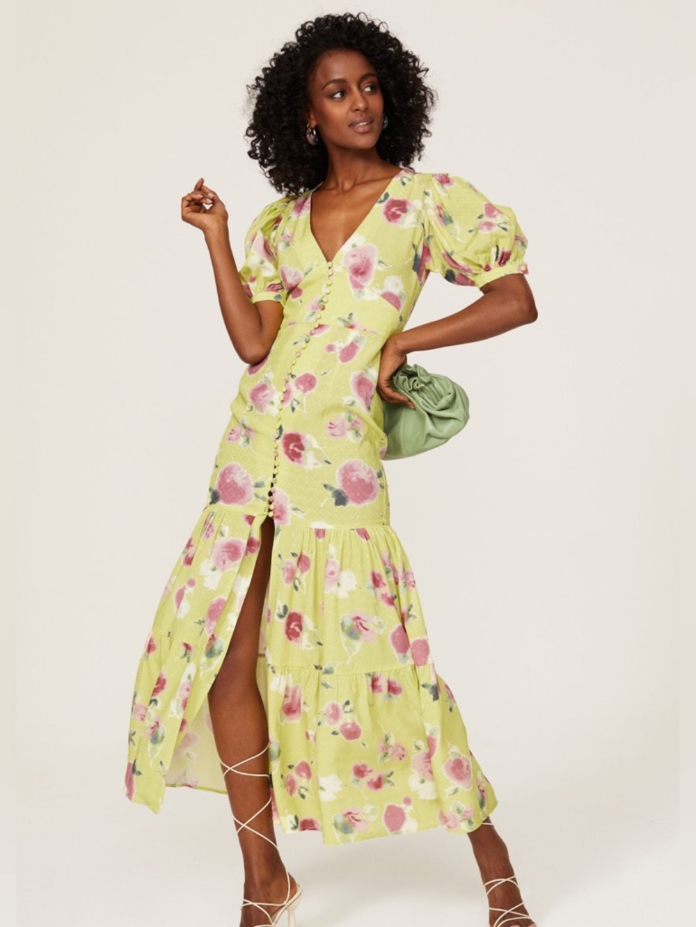 Rotate Birger Christensen Yellow Floral Button Front Long Dress US Size 6